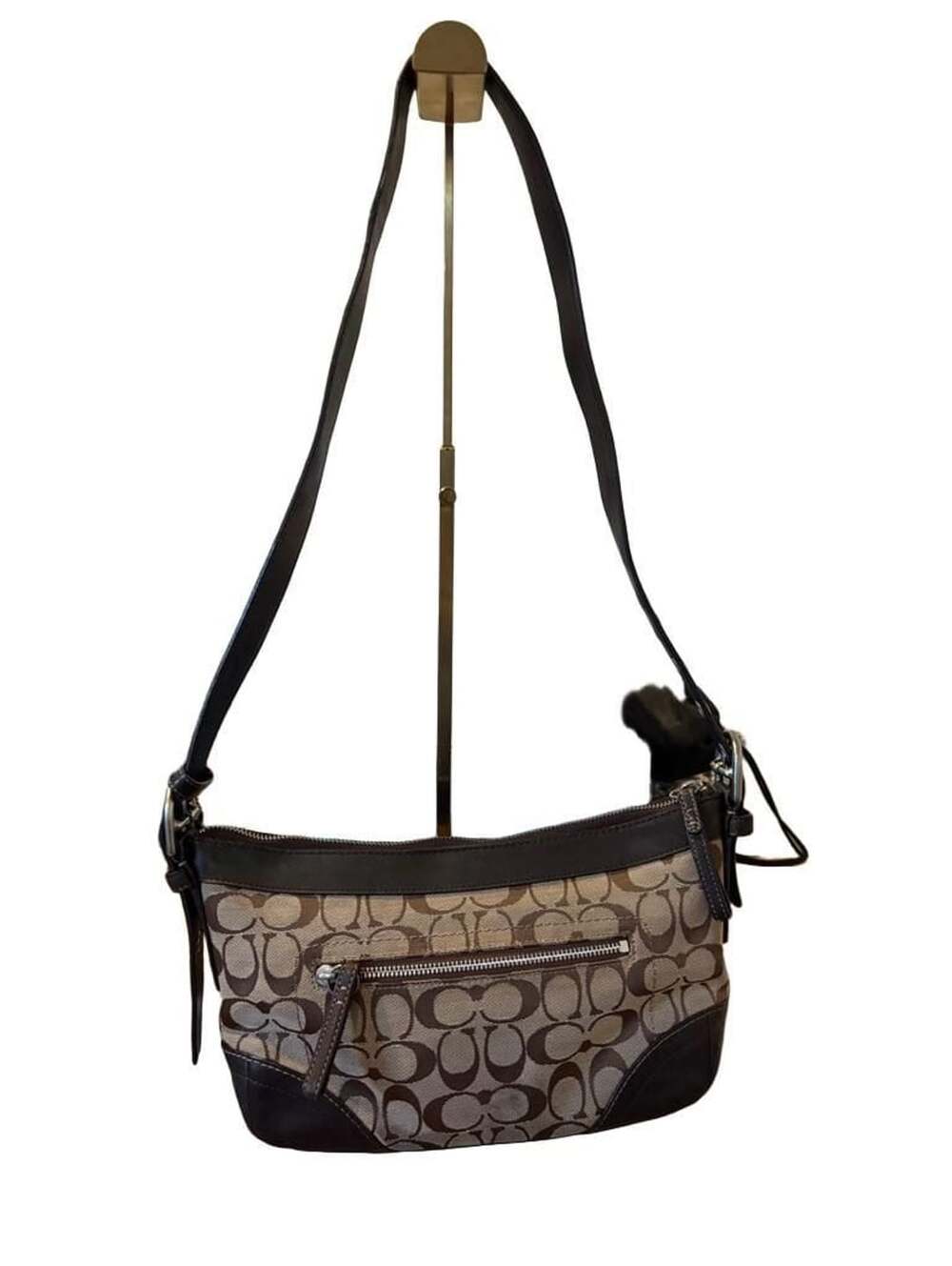 Coach Signature Jacquard Shoulder Bag – Brown Leather Trim